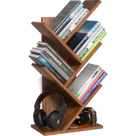 Étagère à livres en forme d'arbre à 5 niveaux pour livres, CD, magazines, DVD, bibliothèque en bois, pour salon, chambre à coucher et bureau à domicile, noire (1/5)