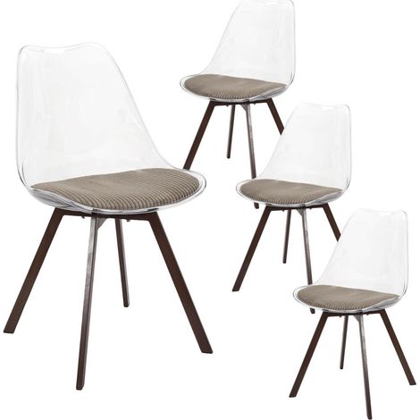 Lot de 4 chaises coque transparente coussin assise en velours côtelé taupe - MOARY (1/5)