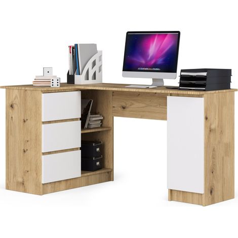 Akord – Bureau d'angle 155 cm – Chêne artisan – 3 tiroirs – 4 étagères – Façade blanche – Dimensions L155 x P85 x H77 cm