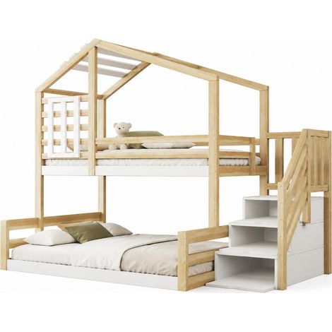Letto a castello 90x200 cm in legno di pino e MDF, con finestra, scala contenitore, sponde di sicurezza, design casetta naturale per cameretta condivisa  CHICFURN (1/5)
