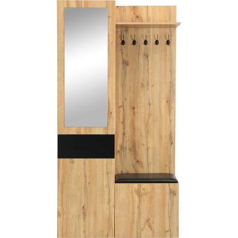 Ensemble de vestiaire avec porte-manteaux, miroir, meuble à chaussures et banc d’entrée en bois et noir (1/5)
