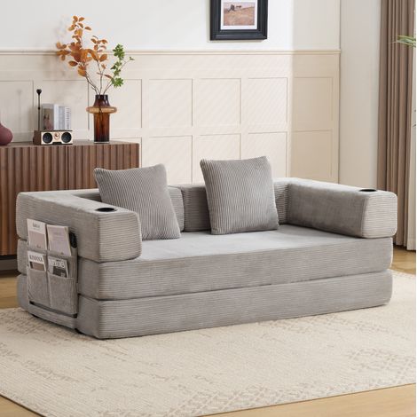 HAVRYA Klappbares Bodensofa-Schlafsofa aus hellgrauem Rippstoff (1/5)