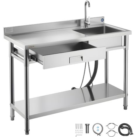 VEVOR Evier cuisine utilitaire en acier inoxydable, evier professionnel autoportant a cuve unique avec tiroir, robinet et tuyau deeau chaude et froide, pour garage, restaurant, buanderie 120x50x94 cm (1/5)
