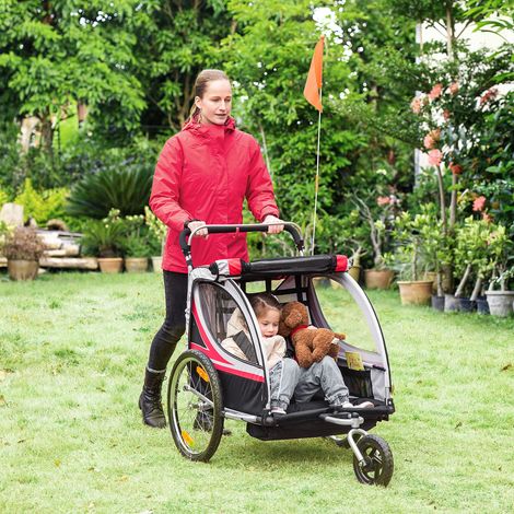 HOMCOM 2-in-1 Kinderfahrradanhänger/Jogger/Kinderwagen, 26,4 kg Tragkraft, mit Reflektoren und Fahne – 2 Sitze – Rot