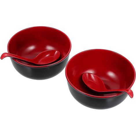 lot de bols à ramen/à riz pratiques en mélamine avec cuillères (noir et rouge)-14.00X14.00X7.00CM-Red (1/2)