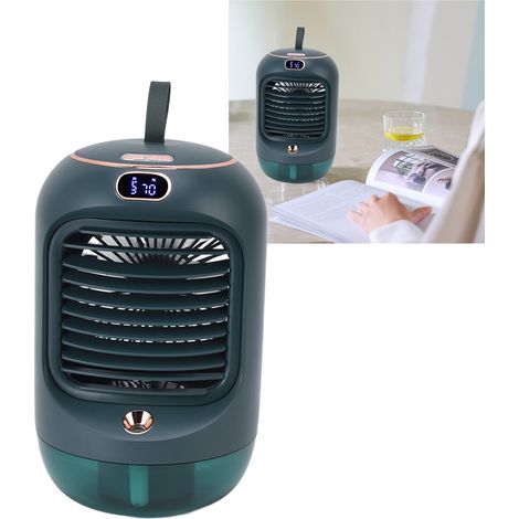 Mini ventilateur oscillant de bureau, humidificateur, ventilateur électrique refroidi à l'eau, ventilateur veilleuse, ventilateur climatiseur à 5 pales, rechargeable par USB, vert. (1/5)
