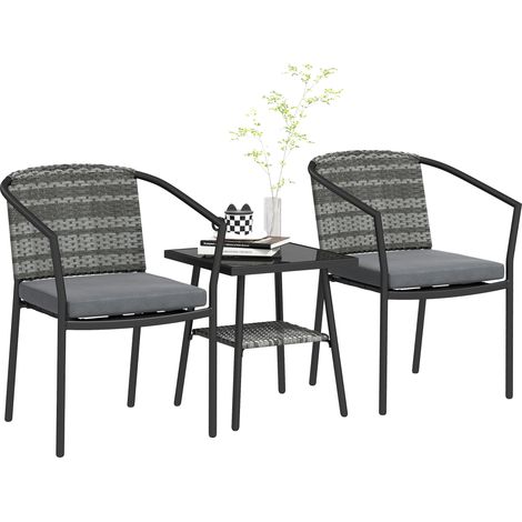 Outsunny 3 Pieces Rattan Bistro Set with Cushions, Wicker Garden Furniture Set, Glass Top Coffee Table and Chairs for Outdoor Patio, Balcony, Terrace and Conservatory, Grey