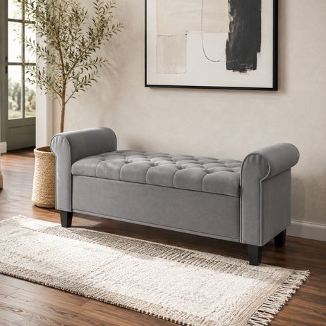 Panca imbottita 126/48,5/57 cm grigia con vano contenitore e rivestimento effetto velluto (1/5)