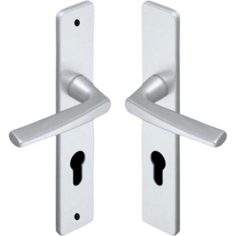 Set de Poignée de Porte sur Grande Plaque RIVIERA - Version Clé L - Porte de Chambre, Bureau - Entraxe 195 mm - Système de Pose Facile - Aluminium Résistant, Finition Argent (1/5)