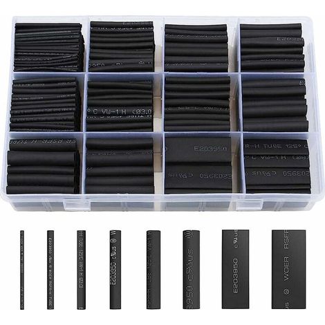 650 pezzi di guaina termorestringente, nera, 8 misure, rapporto di restringimento 2:1, set di guaine termorestringenti, nera (1/5)