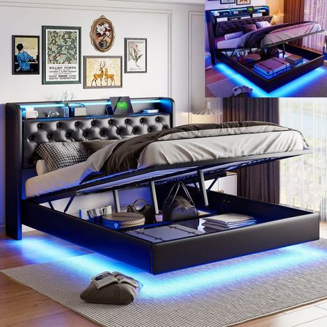 Bett 160x200 cm mit LED, Bettschrank 160x200 cm, hydraulische Aufbewahrung, schwebendes Bett, Doppelbett, Bett für Erwachsene, Kopfteil mit Stauraum