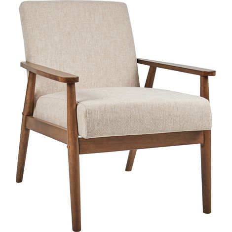 Sillón Retro Salón Tapizado Poliéster Lino Estructura Ligera Madera Oscura Beige Esrum