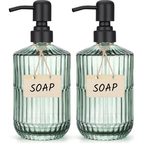 Distributeur Savon Verre, 2 Pièces 450ml Distributeur Savon Cuisine Vert, Flacon Pompe Vide pour Cuisine et Salle de Bain, avec Pompe en Acier Inoxydable (1/5)