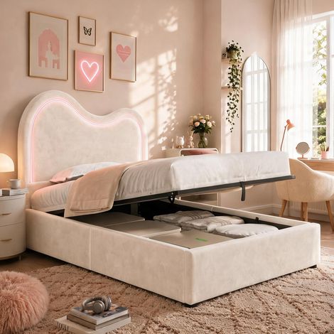 Cadre de lit beige en velours 215 x 97,5 x 107 cm (1/5)