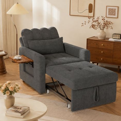Fauteuil Convertible 3 en 1 - Canapé 1 Place - Gris - Fauteuil Lit Simple - Coussin - Sac et 1 Porte-gobelets - pour Petit Salon (1/5)