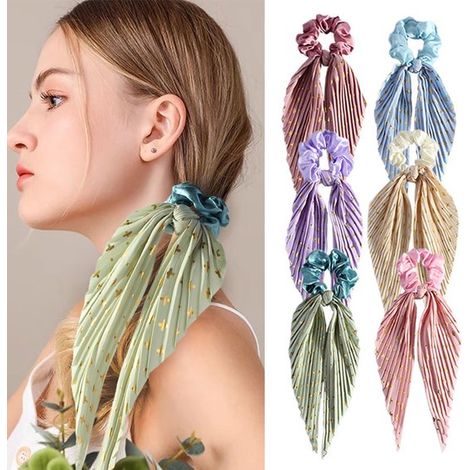 Fermagli per capelli da donna, 6 pezzi elastici per capelli, fiocchi colorati con nastro lungo, elastici per capelli in raso glitterato per code di cavallo (1/5)