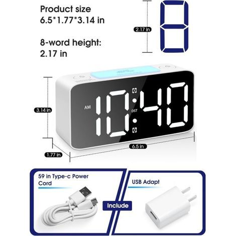 Réveil super puissant pour adultes gros dormeurs, Réveil lumineux,horloge numérique avec veilleuse 7 couleurs, volume réglable, variateur, chargeur USB, petites horloges pour chambres (1/3)