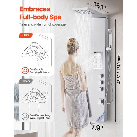 Colonne de douche murale 3 fonctions en acier inox 304 brossé 135 cm, tête pluie, jet massant corps, flexible mains libres, système massage haute pression (1/5)
