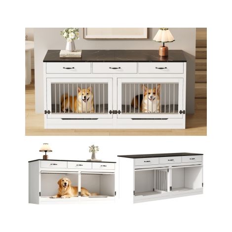 Cage pour 2 chiens en bois et métal, niche d'intérieur avec serrure, porte à charnières, séparateur amovible, 3 tiroirs, blanc et noir, grand format, dimensions 164 × 60 × 81 cm