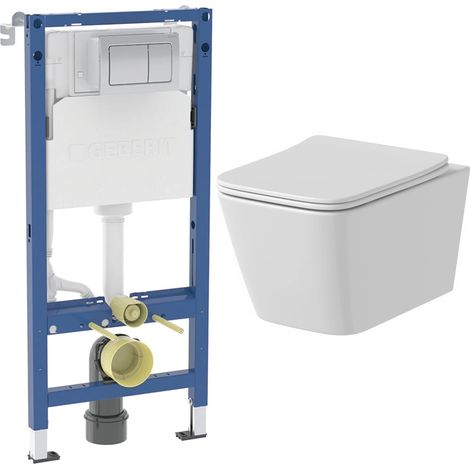 Rimless Wall Hung Square Toilet Geberit Concealed Cistern Flush Plate Chrome (1/5)