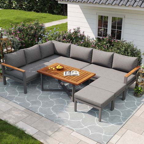 Gartenmöbel-Set 6-teilig mit 3 Doppelsitzen, 2 Sesseln und Tisch, Metall und Polyester Dunkelgrau