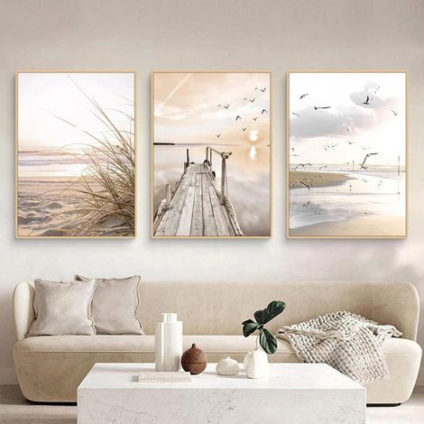 Lot de 3 posters esthétiques  42 x30CM (A3)  Sans cadre   Nature   Plage côtière   Scène d'oiseaux de mer   Images murales   Pour salon, herbe de la pampa   Style bohème   Décoration de chambre à couc (1/5)