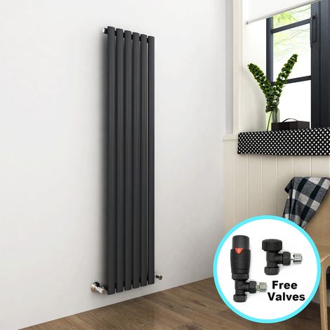 ELEGANT 1600 x 360 mm Modern Vertical Column Designer Radiator Anthracite Oval Single Panel Radiator Heater + Anthracite Thermostatic Radiator Valves (1/5)