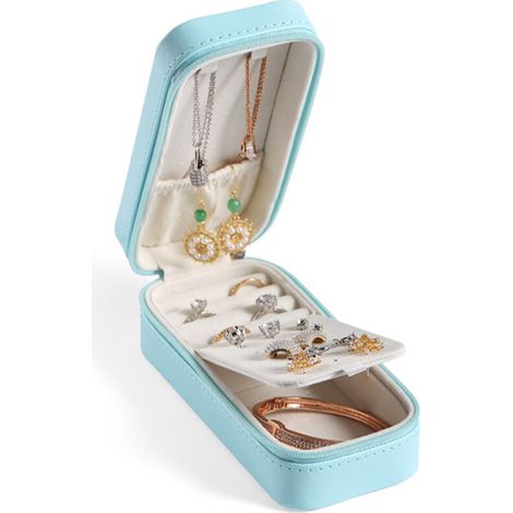 Mini boîte de rangement de bijoux en cuir PU de voyage(bleu)