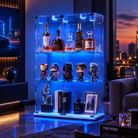 JOOKGBD-Vitrine en Verre avec LED,Vitrine pour Collection,Armoire Vitrine Pour Collection avec Porte étagères Transparent,Meuble VITRINES Verre,pour salon chambre bureau,Blanc