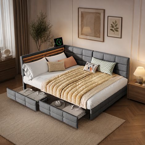 Lit capitonné en L 140×200cm, lit coffre, lumière LED et port USB, lit double, 2 tiroirs de rangement, grande capacité, rangement dans la tête de lit,sommier à lattes, lit adulte, lit ados, Lin, Gris (1/5)