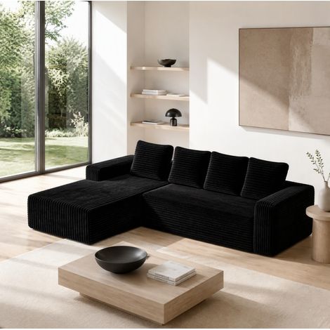 REDOM sofá modular en L, chaise reversible, sin montaje, sofá seccional de pana negro (1/5)