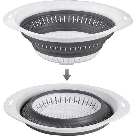 Passoire Liquide en Silicone et Plastique, Passoire de Cuisine Pas à Pâtes peu de surface en cuisine, Passoire de Camping Extensible, Blanc/Gris Taille L (1/5)