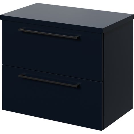 Napoli 390 Deep Blue 600mm Wall Mounted 2 Drawer Vanity Unit for Countertop Basins - 600mm - Matt Black 320mm Handle