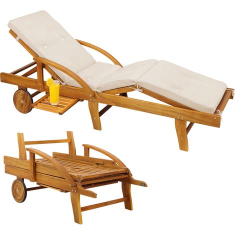 Chaise longue Tami Sun en bois d'acacia Transat pliable avec coussin crème roues dossier repose pieds réglable
