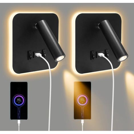 Lampade da comodino a parete, set di 2, applique LED da 3 W e 10 W (3000 K), con porta di ricarica USB integrata e interruttore touch, ideali per la camera da letto. (1/5)