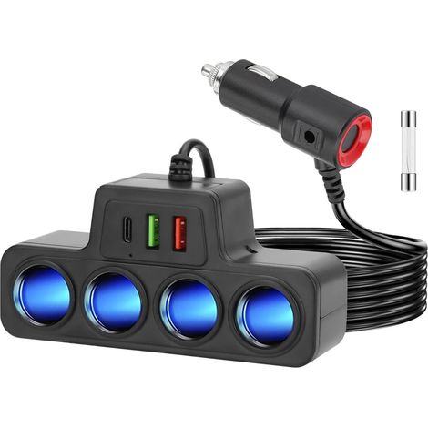 7-in-1 USB Cigarette Lighter Charger, 120W Car Charger Splitter Adapter with 4 Outlets and 3 USB Ports, Fast Charging for 12V/24V Car Devices