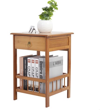 2 Ripiani Comodino per Camera da Letto con Cassetto in bambu 30x30x49cm (1/5)