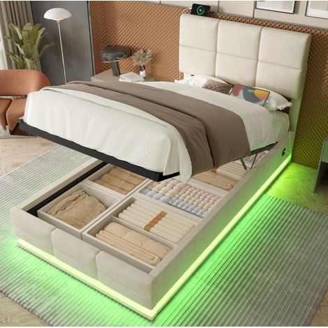 90x200 cm Modernes Velours-Polsterbett mit höhenverstellbarem Kopfteil - Inkl. USB/Type-C-Anschlüssen, LED-Ambientebeleuchtung, hydraulischem Lift-System & XXL-Stauraum (ohne Matratze) - Beige (1/5)