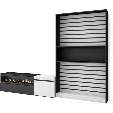 Skraut Home - Muebles de Salón para TV, Conjunto de muebles comedor, 260x186x35cm, Para TV hasta 65", Chimenea eléctrica, Estilo Moderno, Blanco y negro (1/5)