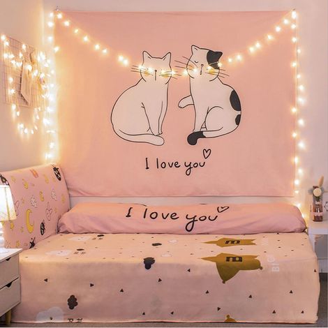 Tenture murale anime japonaise chat rose (130x150cm), décoration murale kawaii pour chambre ado fille, tapisserie décorative, rideau mural sans LED, couverture de mur anime (1/5)