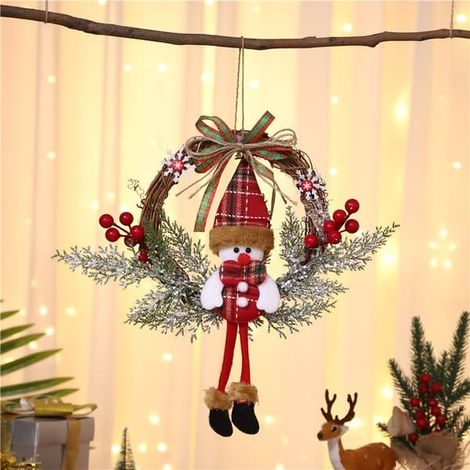 Couronne de porte, Noël, 35 cm, Couronne de Noël pour la porte d'entrée, Couronne de Noël, Bonhomme de neige, Couronne en rotin, Décorations, Décoration à suspendre (1/5)