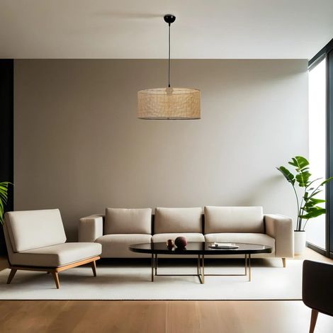 Lustre en métal avec capuchon en bambou, diamètre 45 cm, hauteur réglable, douille E27, doré/noir/beige, pour la décoration d'intérieur et l'éclairage moderne (1/5)