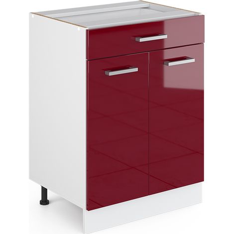 Base universale R-Line, Rosso bordeaux lucido, 60 cm con cassetti, senza piano di lavoro, Vicco