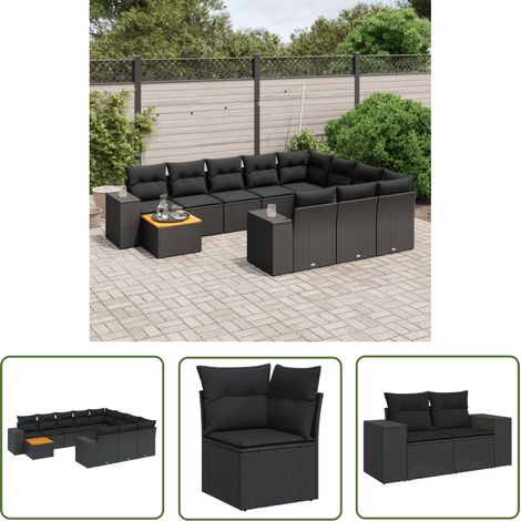The Living Store 11-tlg. Garten-Sofagarnitur mit Kissen Schwarz Poly Rattan - Gartensorte - Gartenmöbelset - Esstischgarnitur - Lounge Möbel - Outdoor Furniture (1/5)