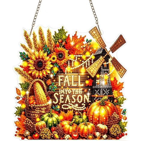 Pendentif peinture diamant 5D motif automne avec tournesols et citrouille, kit de bricolage pour décoration de fenêtre