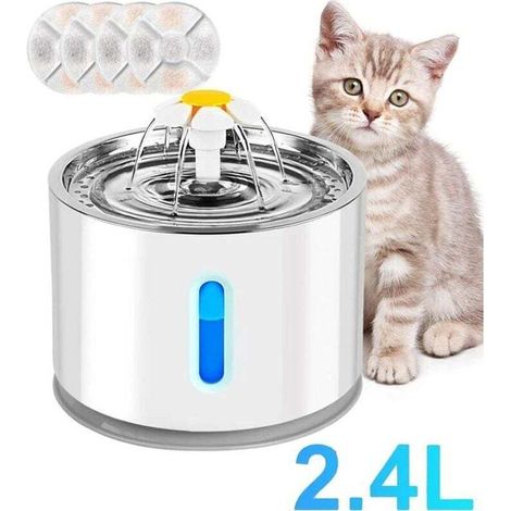 Abreuvoir LED intelligent de 2,4 L pour chats et petits chiens, abreuvoir silencieux pour chat, quadruple filtration avec 4 filtres à charbon actif et plateau en acier inoxydable