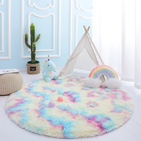 Runder Teppich fürs Kinderzimmer, Regenbogen-Teppich, zartrosa runder Teppich, Prinzessinnenschloss-Teppich, flauschiger Teppich (120 cm). (1/5)