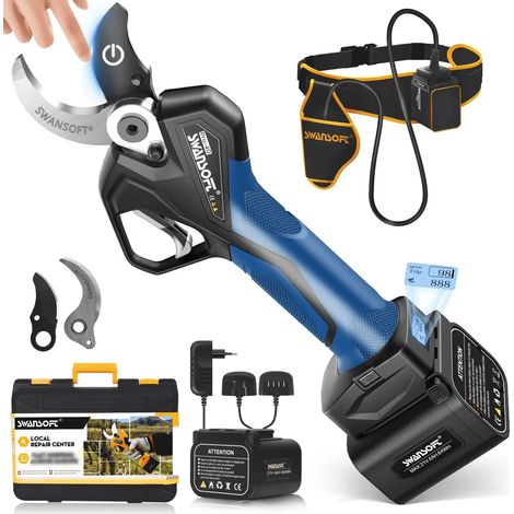 SWANSOFT PRU40 Secateur Electrique Professionnel, 40mm 21V 1050W 4Ahx2 Sécateur Électrique Sans Fil Avec Batterie Secateur Electrique sans Fil pour Jardinage, Bleu/Noir (1/5)