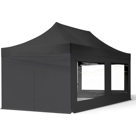 3x6 m Faltpavillon, ECONOMY Stahl 30mm, Seitenteile mit Panoramafenstern, schwarz (1/5)