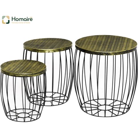 HOMAIRE Set de 3 tables d'appoint style rétro avec paniers en métal nature et noir, 3 tailles